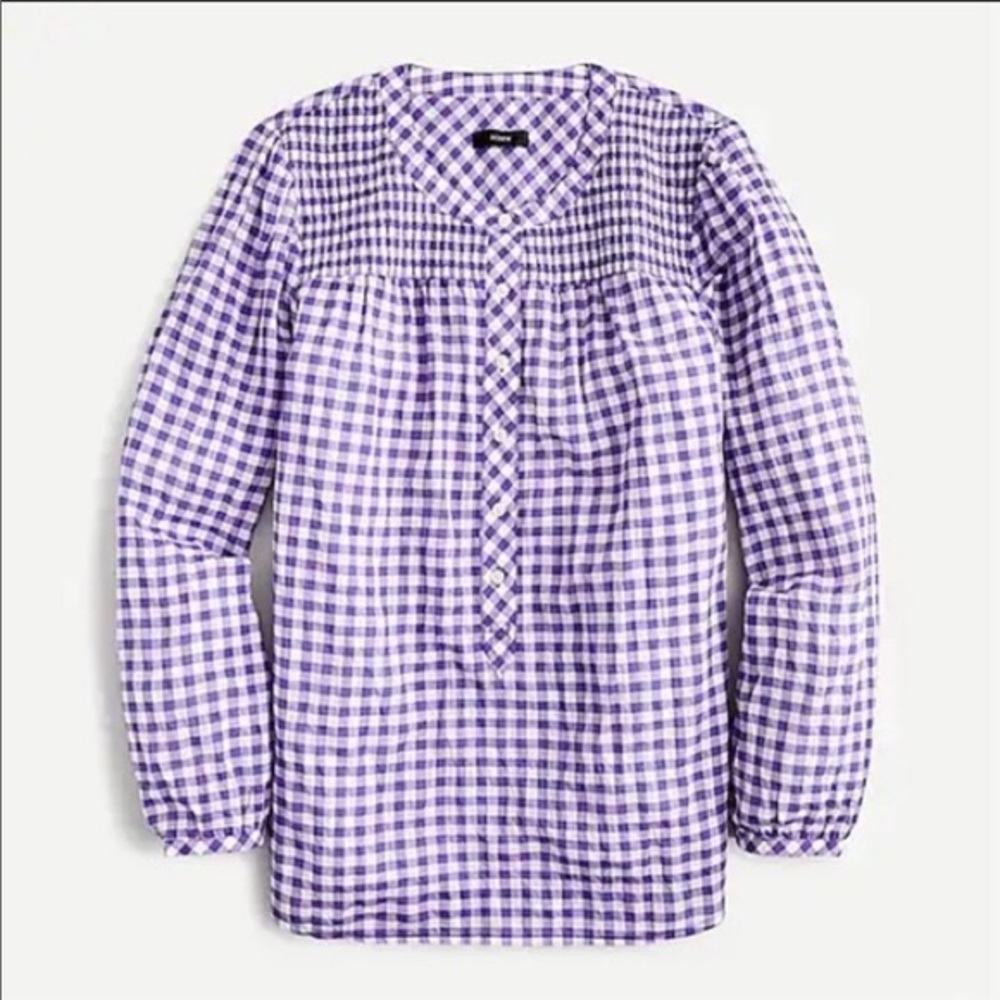 J Crew long sleeve Smocked Popover Top in Crinkle Gingham in‎ purple